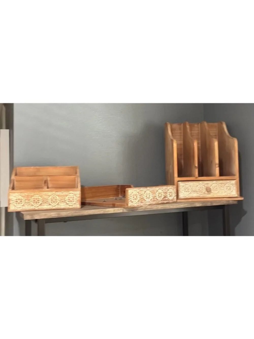 Hand-Carved Wooden Desk Organizer Set With Drawers & Compartments Office Or Home